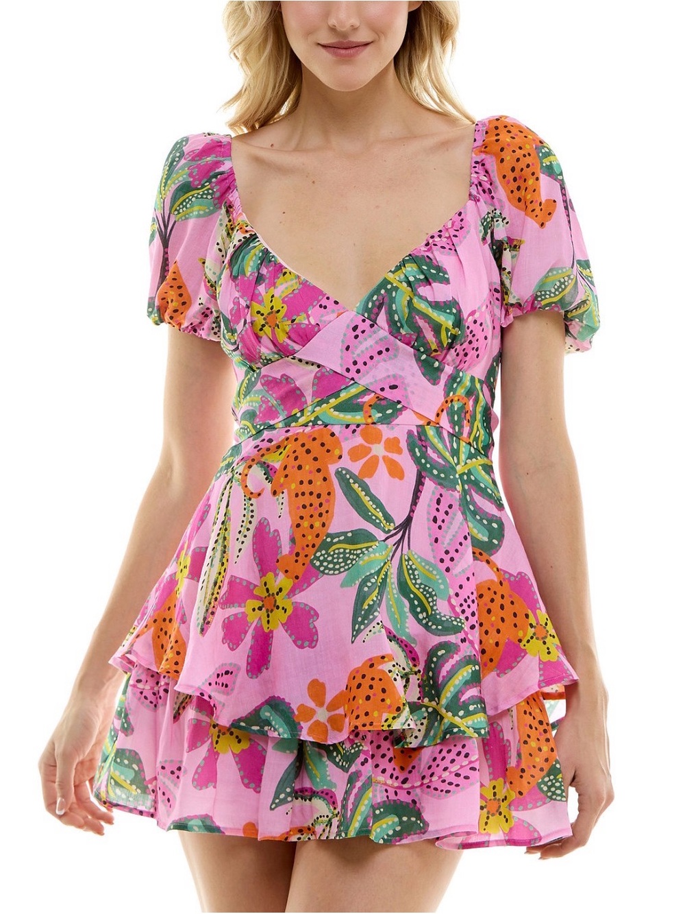 Crystal Sky Tropical Floral Puff Sleeve Mini Dress XL Farm Rio Inspired
